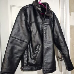 Men's Black Faux Leather Jacket with Fur Collar